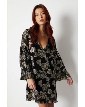 Warehouse Metallic Georgette V Plunge Frill Swing Dress - Black