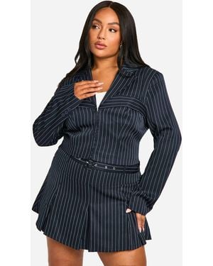Boohoo Plus Pinstripe Corset Detail Cropped Blazer - Blue