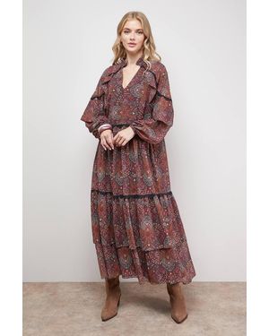 Oasis Printed Cape Detail Lace Trim Boho Maxi Dress - Red