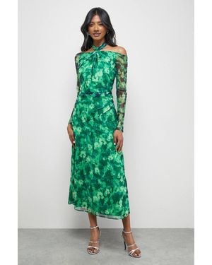 Warehouse Print Twist Mesh Midi Dress - Green