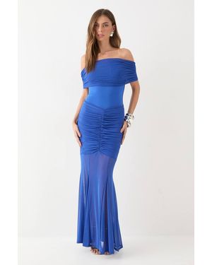 MissPap Off Shoulder Mesh Overlay Maxi Dress - Blue