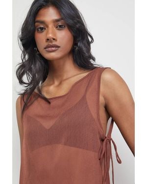 Warehouse Chiffon Tie Side Asymmetric Top - Brown
