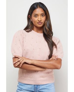 Oasis Pearl Embellished Crew Neck Puff Sleeve Knit Top - Pink