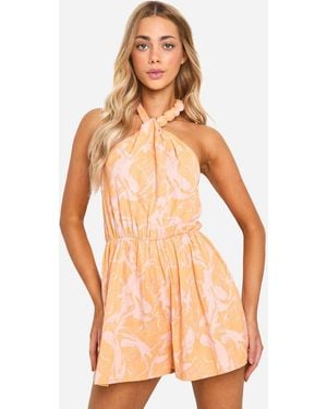 Boohoo Printed Linen Look Playsuit - Orange