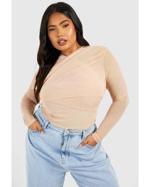 Boohoo Plus Mesh Cross Neck Bodysuit - Blue