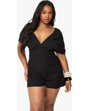 Boohoo Plus Linen Look Tie Puff Sleeve Playsuit - Black