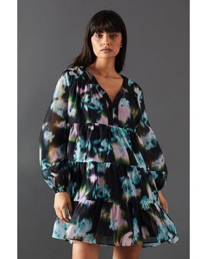 Warehouse Floral Print Organza Smock Dress - Gray