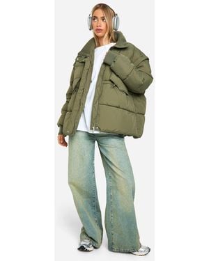 Boohoo Rib Collar Oversized Puffer Jacket - Green