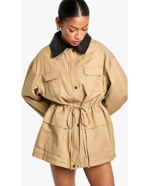 Boohoo Cinched Waist Faux Leather Collar Barn Jacket - Natural