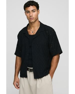 BoohooMAN Oversized Boxy Revere Abstract Broderie Shirt - Black