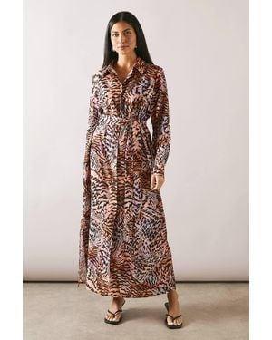 Wallis Animal Button Through Midi Shirt Dress - Brown