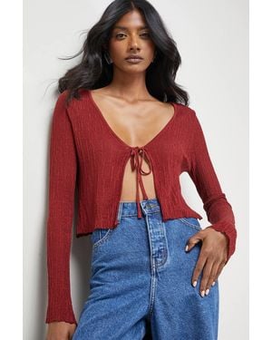 Warehouse Burgundy Crinkle Sheer Tie Detail Cardigan - Red