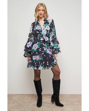 Oasis Printed Fluted Sleeve Ruffle Detail Mini Dress - Blue