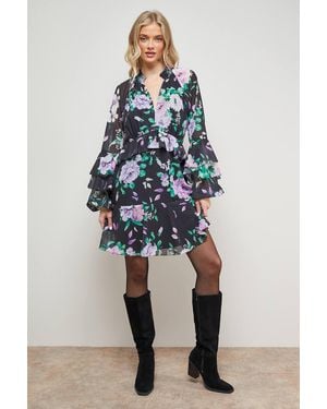 Oasis Printed Fluted Sleeve Ruffle Detail Mini Dress - Blue