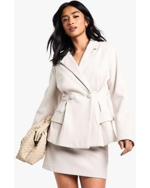Boohoo Petite Stripe Cinched Waist Wool Look Blazer - Natural