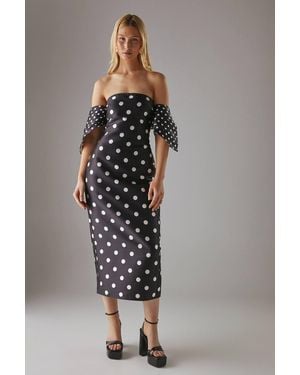 Warehouse Spot Structured Puff Sleeve Bardot Midi Dress - Gray