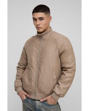 BoohooMAN Raglan Regular Fit Funnel Neck Faux Suede Bomber Jacket - Natural