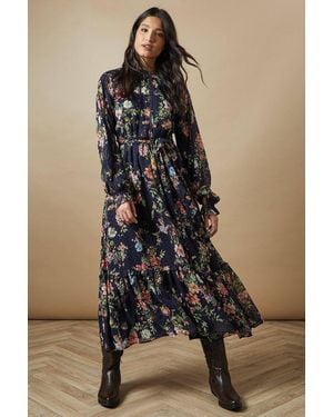 Oasis Floral Dobby Chiffon Trim Belted Midi Dress - Brown