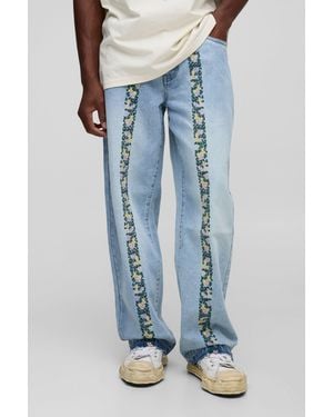 Boohoo Relaxed Floral Embroidery Denim Jeans With Let Down Hem - Azul