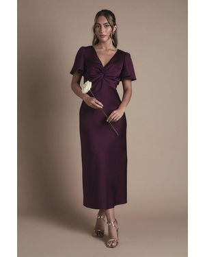 Oasis Satin Twist Front Angel Sleeve Midi Bridesmaid Dress - Brown