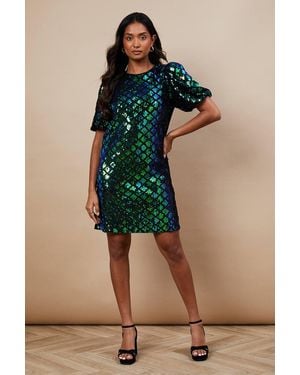 Oasis Occasion Geo Sequin Puff Sleeve Mini Dress - Green