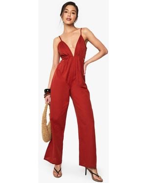 Boohoo Linen Look Strappy Cut Out Jumpsuit - Red