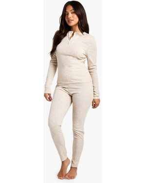 Boohoo Petite Loungewear Rib Long Sleeve Henley Top & Leggings Set - Natural