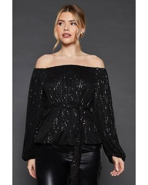 Dorothy Perkins Sequin Bardot Long Sleeve Blouse - Gray