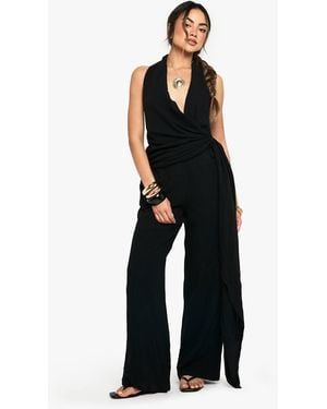 Boohoo Linen Look Drape Cowl Wrap Jumpsuit - Black