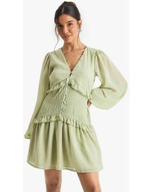 Boohoo Chiffon Long Sleeve Pleated Waist Mini Dress - Green