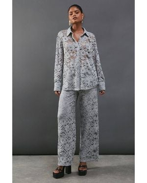 Warehouse Lace High Waist Straight Leg Trouser - Gray