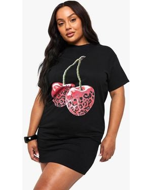 Boohoo Plus Leopard Cherry Oversized T-Shirt Dress - Black