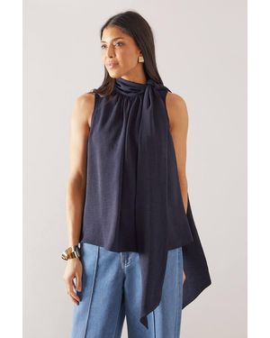 Wallis Sleeveless Woven Tie Neck Top - Blue