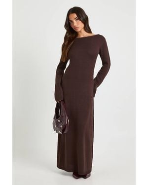 Boohoo Petite Knitted Slash Neck Maxi Dress - Brown