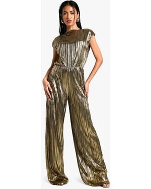 Boohoo Metallic Plisse Cap Sleeve Jumpsuit - Green