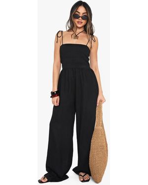Boohoo Linen Look Shirred Bandeau Jumpsuit - Black