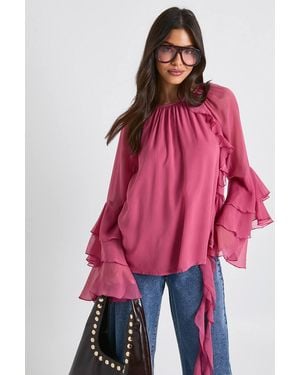 Boohoo Chiffon Ruffle Volume Sleeve Blouse - Red