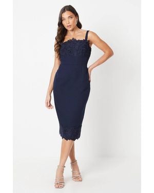 Coast Petite Square Neck Lace Detail Crepe Pencil Dress - Blue