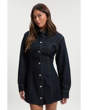 Boohoo Long Sleeve Cinched Waist Denim Dress - Blue