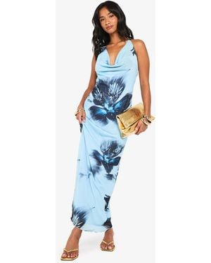 Boohoo Petite Floral Mesh Cowl Maxi Dress - Blue