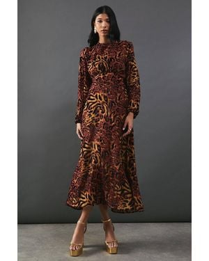 Warehouse Burnout Velvet Balloon Sleeve Empire Seam Midi Dress - Brown