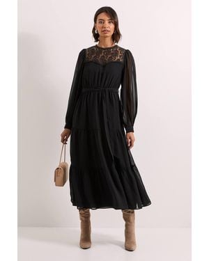 Dorothy Perkins Lace Yoke Blouson Sleeve Tiered Midaxi Dress - Black