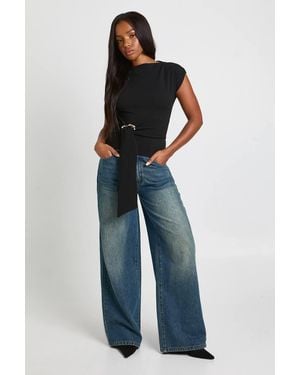 Boohoo Crepe Grown On Neck Trim Belt Detail Top - Blue