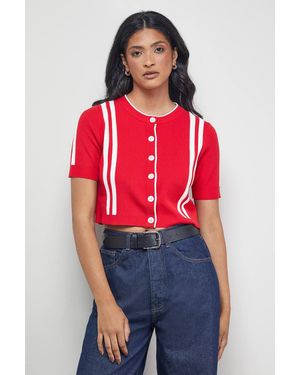 Warehouse Mini Stripe Button Through Cardigan - Red