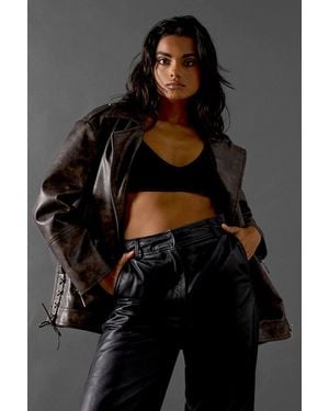 Warehouse Oversized Whipstitch Detail Leather Look Jacket - Black