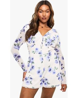 Boohoo Plus Floral Mesh Flippy Romper - White