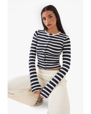 DSGN Studio Stripe Button Detail Long Sleeve Top - Blue