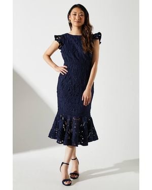 Coast Frill Sleeve Lace Flute Hem Dress - Blue