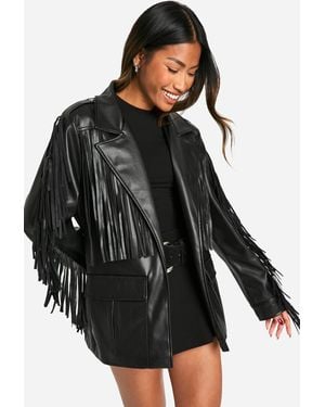Boohoo Fringe Detail Faux Leather Belted Jacket - Black