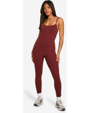 Boohoo Cotton Rib Skinny Jumpsuit - Red